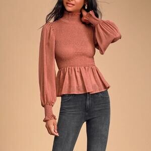 Lulus Frills and Thrills Mauve Pink Smocked Top Puff Bishop Sleeve Blouse Small